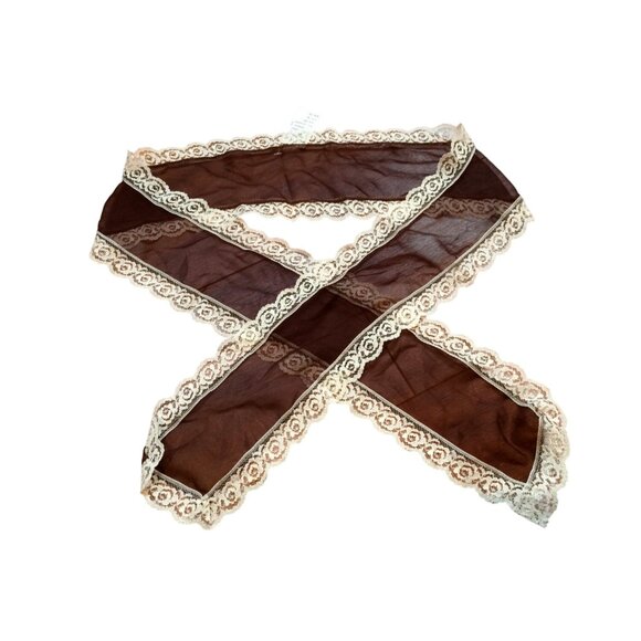 Vintage Chocolate Brown Sheer Lace Trim Scarf/Shawl With Floral Design - Picture 1 of 4